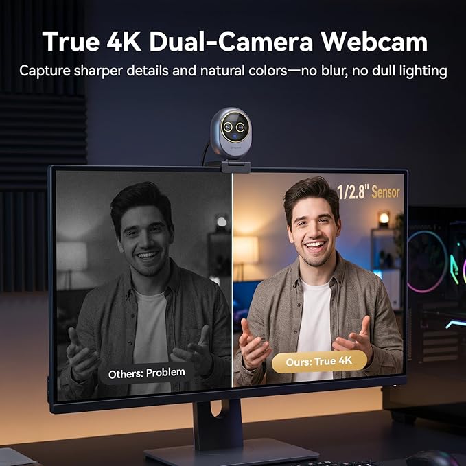 EMEET Piko Dual-Camera 4K Webcam for Streaming, Wide-Angle & Telephoto Cameras, Max 11X Hybrid Zoom, 0.2s Autofocus, Remote Control, 3 Mics, Panda Privacy Cover, USB C-C&C-A, for Streaming/Work/Study