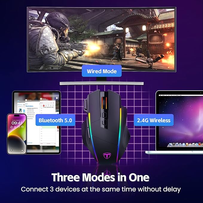 RisoPhy Wireless Gaming Mouse, 3 Modes - 2.4G/USB-C/Bluetooth 6 Level 10000DPI Chroma RGB Backlit Ergonomic 8 Programmable Buttons, 58H Capacity Rechargeable Computer Mouse for PC/Mac/Laptop