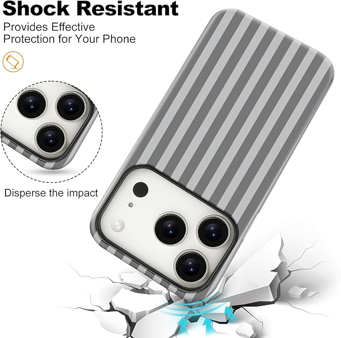Magnetic for iPhone 17 Pro Max Case Cute Stripes Phone Case, Shockproof Slim TPU and Hard PC Protective Phone Cover Compatible with MagSafe Designed for Women Girls, Gray