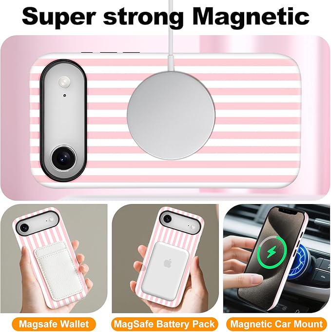 Magnetic for iPhone 17 Air Case Cute Stripes Phone Case, Shockproof Slim TPU and Hard PC Protective Phone Cover Compatible with MagSafe Designed for Women Girls, Pink and White