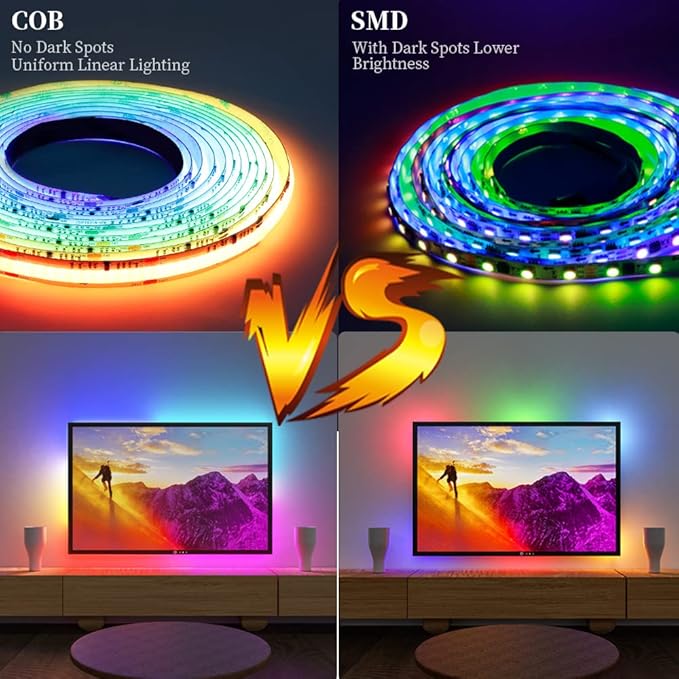 Smart WS2811 IC RGB COB LED Strip 16.4FT/5M, 720LED/m 20IC/M 12mm Width High Density Uniform Chasing Color Light DC12V White PCB Flexible Tape Light(No Adapter or Controller)