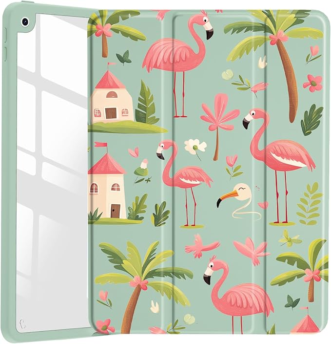 JOYLAND Forest Flamingo Case for iPad Air 13-inch (M3) 2025/ (M2) 2024, Clear Acrylic Hard Back Green Case with Pencil Holder Trifold Stand Tablet Cover for Girls Women