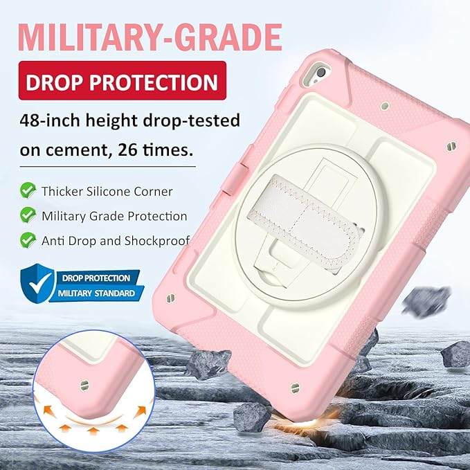 BMOUO Case for iPad 6th/5th Generation Case (9.7 inch, 2018/2017), 360°Rotating Stand, Hand/Shoulder Strap Shockproof iPad 9.7” Case for iPad Air 2, Pink