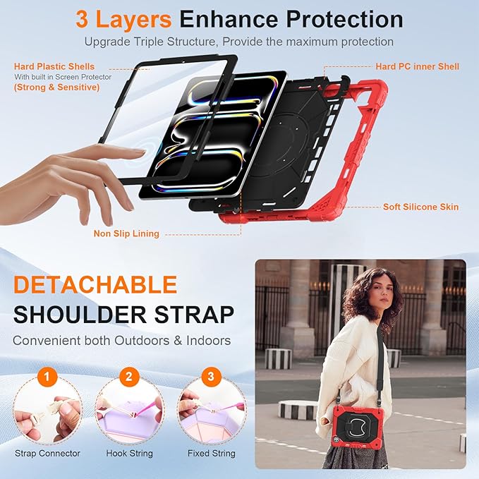 Case for iPad Pro 13 Inch M5 2025/ M4 2024, Ubearkk for iPad Pro 13 Inch case with Screen Protector, 360 Degree Rotating Stand Shoulder Strap Pencil Holder,Military Grade Shockproof, Red Black