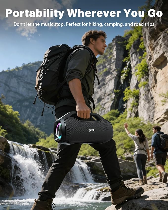 Portable Bluetooth Speaker Bass Boost, 120W Peak Loud Powerful Speakers Wireless w/2*Bass and 2*tweeters, 20H Playtime,IPX6 Waterproof, BT5.4, Suitable for Party, Beach, Camping,Outdoor,Large Jobsite,