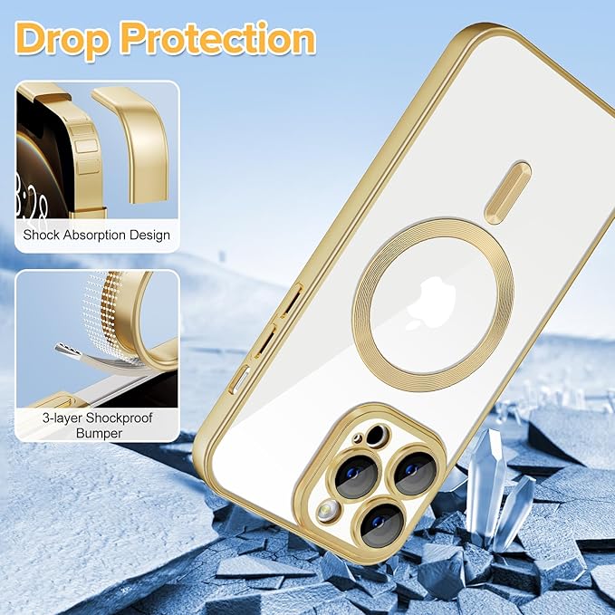 Hython Magnetic Clear for iPhone 12 Pro Max Case with Camera Lens Protector [Compatible with MagSafe] Plating Edge Slim Soft TPU Cover Protective Phone Case for iPhone 12 Pro Max 6.7", Matte Gold