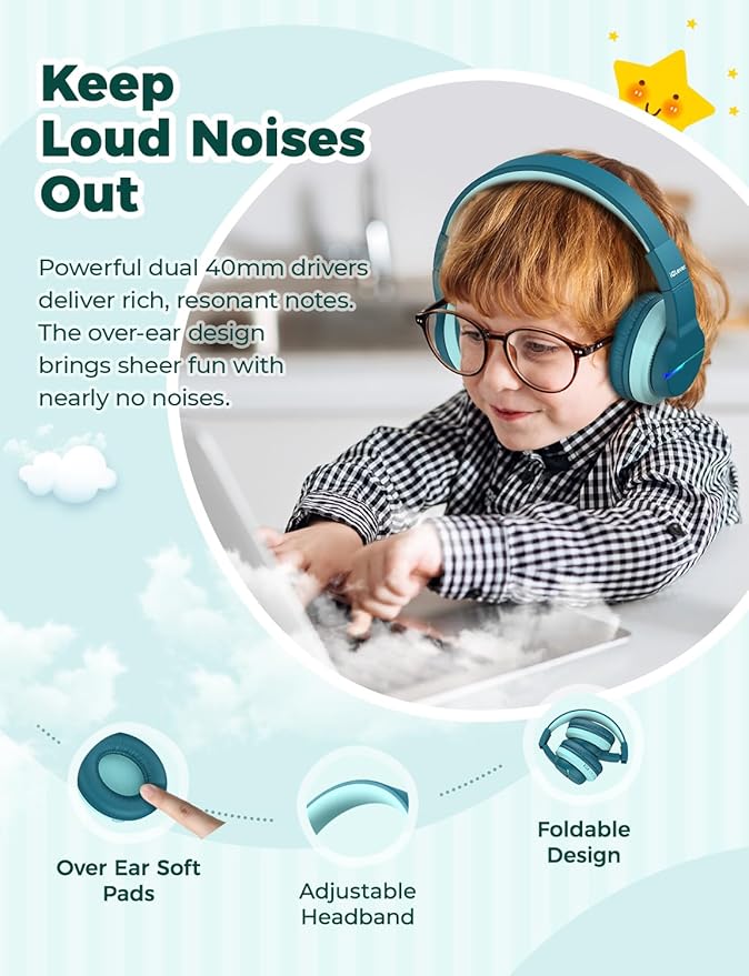 iClever BTH12 Kids Bluetooth Headphones,Colorful LED Lights Wireless Kids Headphones,74/85dBA Safe Volume,85H Playtime,Bluetooth 5.2,Over Ear Headphones Built-in Mic for iPad/Tablet/Airplane,Green