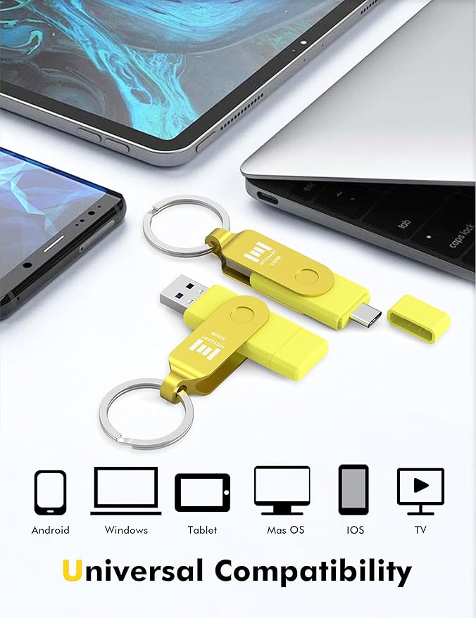 MOSDART 512GB USB C 3.2 Fast Speed C and A Dual Flash Drive, exFAT Memory Stick with Keychain and LED Indicator, for iPhone 15,16, 17, Android Phone, iPad, MacBook, and Other Laptops,Yellow