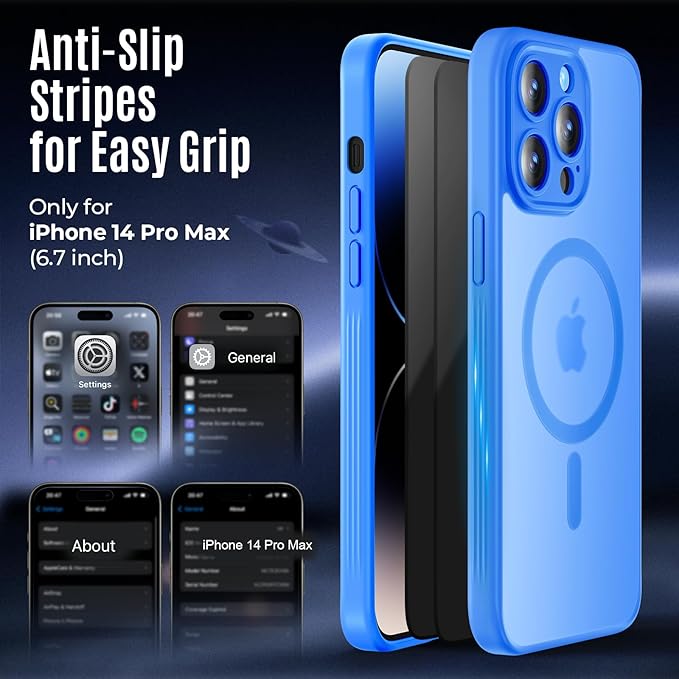 Symcele Designed for iPhone 14 Pro Max Case, Compatible with MagSafe, with Privacy Screen Protectors X2, [Camera Protection] [15FT Military Drop Protection] Shockproof Phone Case, 6.7", Blue