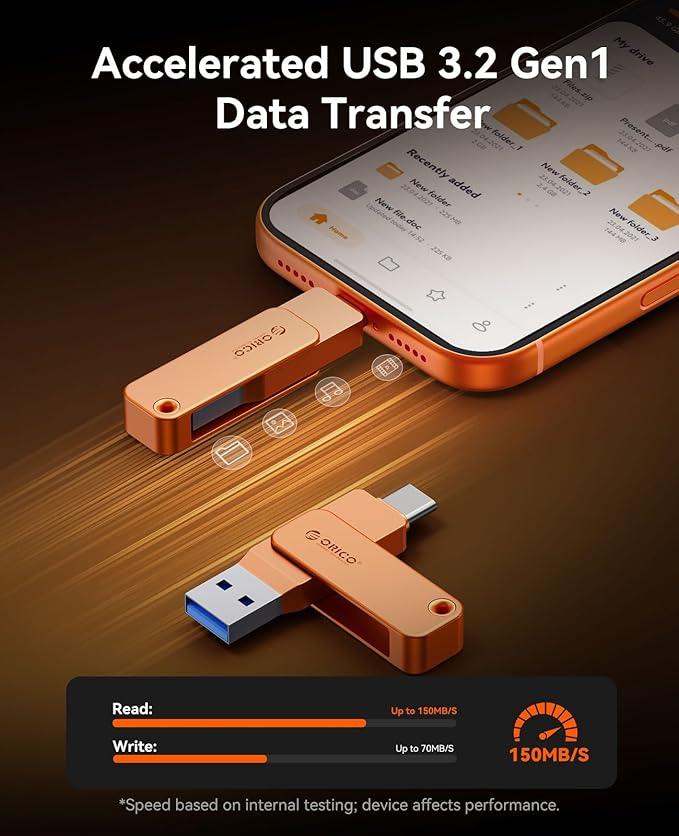 ORICO USB 3.0 Flash Drive 150MB/S Metal Housing Swivel Design Support OTG Function 2 in 1 PenDrive 64GB for USB C and USB A Devices -EB05 OR