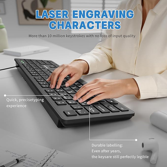 Wired Russian USB Keyboard with Cyrillic Letters English ЙЦУКЕН Layout- Full Size Design with Number Pad,Suitable for Russian Translation, Self-Study, Academic Research,Non Worn Characters