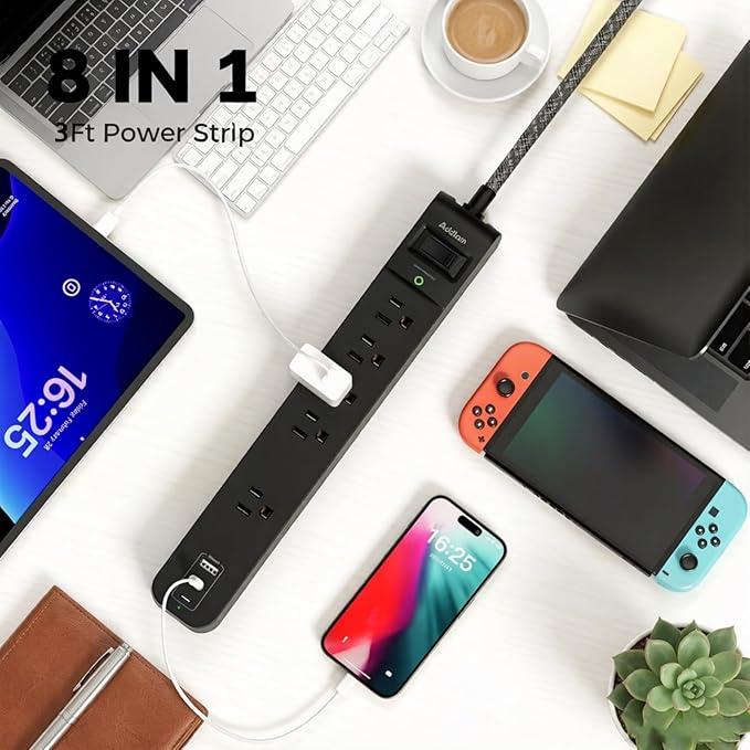 Addtam 2 Pack Power Strip Surge Protector – 5 Wide Spaced Outlets 3 USB (2 USB-C) Charging Ports, 1875W/15A, 3ft Braided Cord, Flat Plug, Overload Surge Protection, Wall Mount for Home, Office & Dorm