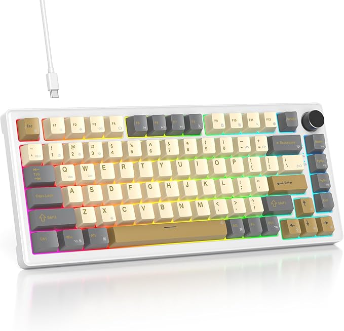 75% Retro Mechanical Keyboard Gasket with Knob, Custom Wired Creamy Gaming Keyboard TKL 75 Percent Hot Swappable RGB Backlit, Pre-lubed Switch for Win/MAC PC Laptop（Shimmer/White Switch）