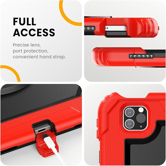 Timecity Case for iPad Pro 11 inch 4th/3rd/2nd/1st Generation 2022/2021/2020/2018, Heavy Duty Protective Case with Screen Protector, Swivel Stand, Hand/Shoulder Strap,Pencil Holder Case- Red