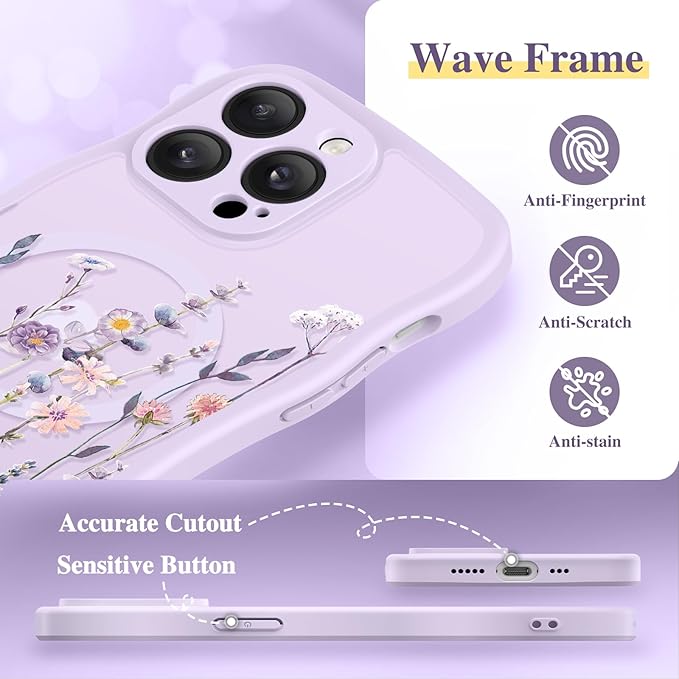 GVIEWIN for iPhone 14 Pro Case Compatible with MagSafe [Curly Wave Edge][Full Camera Protection] Floral Translucent Shockproof Magnetic Women Phone Case for 14 Pro, Floratopia/Colorful