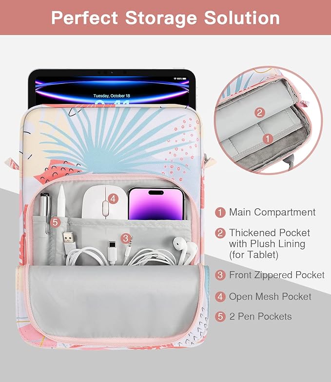 MoKo 13 Inch Tablet Sleeve Bag, Fits with 13 Inch New iPad Pro M5 & Air M4/M3, iPad Pro 12.9 M2&M1,Surface Laptop Go 12.4,Galaxy Tab S8+/S9+ 12.4,Handle Carrying Case with Shoulder Strap,Tropical Leaf