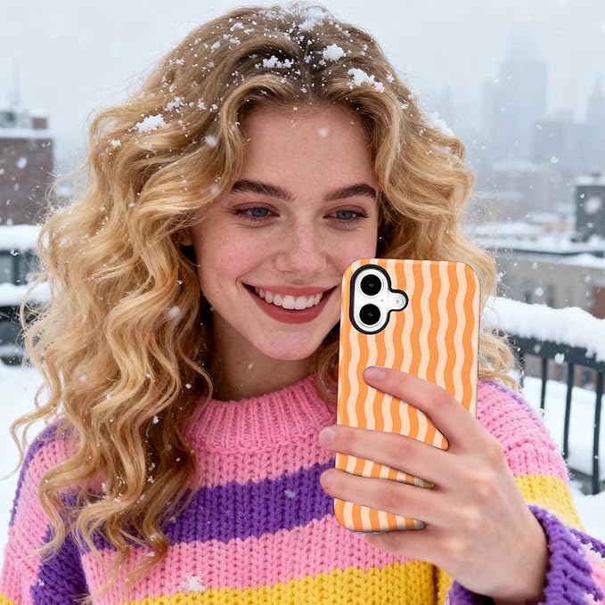 Magnetic for iPhone 16 Case Cute Wavy Stripes Phone Case, Shockproof Slim TPU and Hard PC Protective Phone Cover Compatible with MagSafe Designed for Women Girls, Orange
