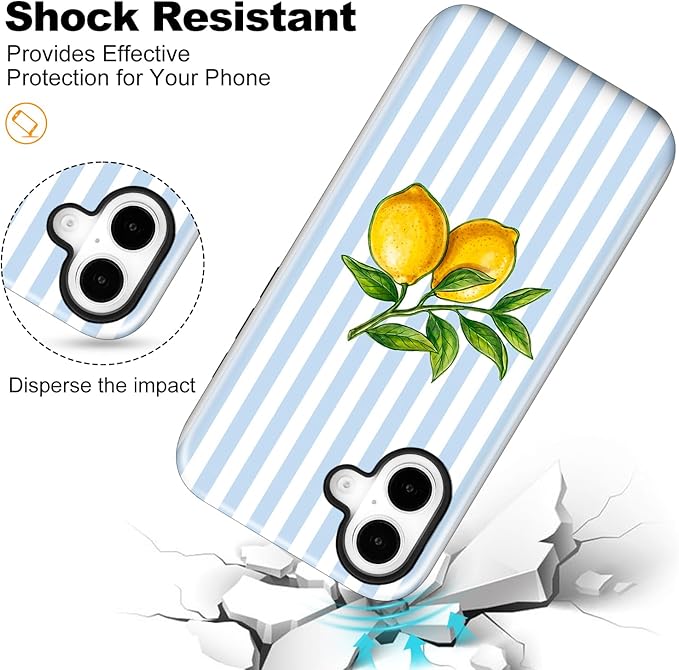 Magnetic for iPhone 17 Case Cute Lemon Stripes Phone Case, Shockproof Slim TPU and Hard PC Protective Phone Cover Compatible with MagSafe Designed for Women Girls, Blue