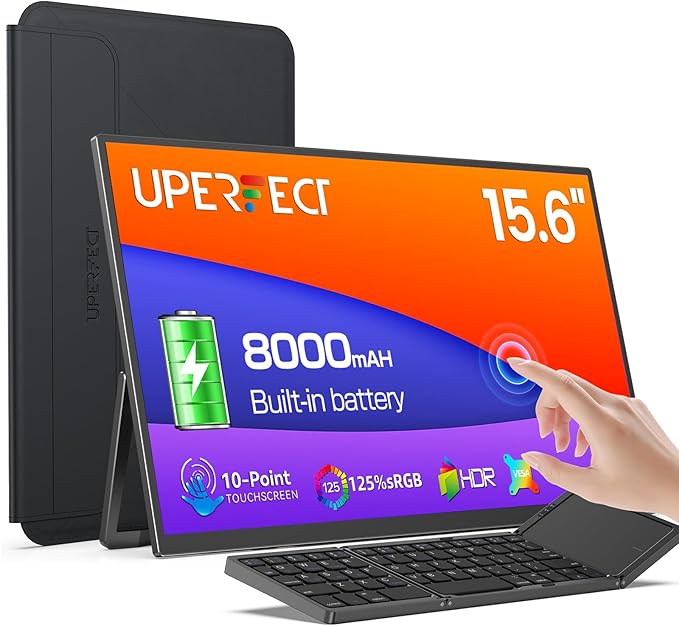 UPERFECT Portable Monitor Touchscreen 15.6'', Laptop Monitor with Bluetooth Keyboard, Built-in 8000mAh Battery | Adjustable Stand | Speakers, Ultra-Slim External Screen for Phone, Game Console