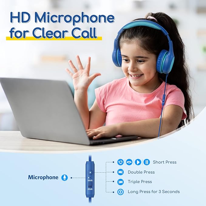 EarFun Kids Headphones Wired with Microphone, USB Type C Headphones for Kids, 85/94dB Volume Limit, Portable Wired Headphone with Shareport, Stereo Sound Foldable Headset for School/Tablet/PC, Blue