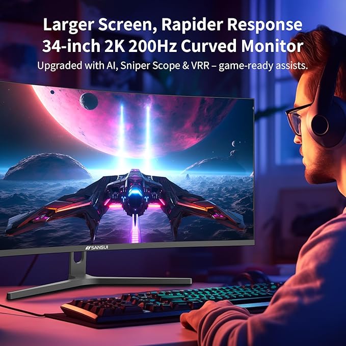 SANSUI 34-Inch Curved Gaming Monitor UWQHD 3440 x 1440P Up to 200Hz 165Hz Curved 1500R - PIP/PBP, OD 1ms, HDR, 300nits, sRGB 130%, DCI-P3 97%,AI Crosshair,HDMI2.1x2,DP1.4(Cable Included)