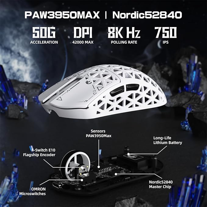 MAMBASNAKE M5 Ultra Carbon Fiber 8KHz Wireless Gaming Mouse,PAW3950 Sensor 42K DPI,39g Lightweight Tri-Mode 2.4GHz/BT/Wired Computer Mice,Web Driver Support,for Win/Mac/FPS/MOBA/Esports-White (A)