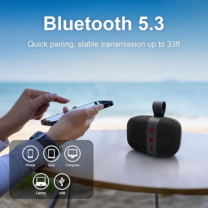 Fisher Portable Bluetooth Speakers, Clip-On Speakers Bluetooth Wireless, IPX5 Waterproof Speaker,10W Peak Power Bluetooth Speaker Stereo HD Sound, BT 5.3, FM Radio, for Pool, Beach, Use Anywhere