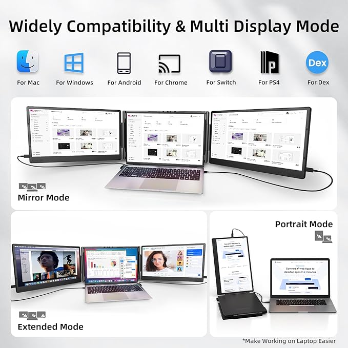 ZUMWALT Laptop Screen Extender, 14" Triple Portable Monitor for Laptop, 1080P FHD Screen Extender Monitors for 13"-16.5", Monitor Extender for MacOS/Windows/Chrome (Built-in Speakers)