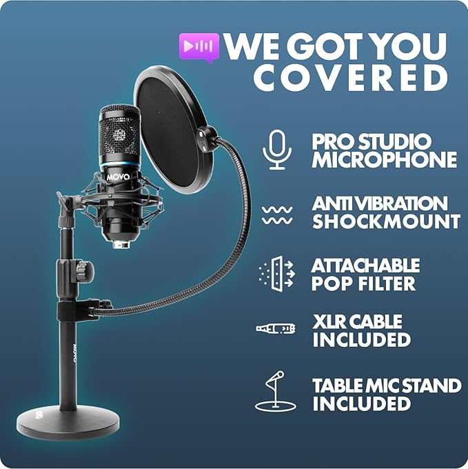 Movo PodPak2T 2-Pack Universal XLR Condenser Microphone Podcasting Equipment Bundle for 2 - Includes 2 Cardioid Mics, Desktop Stands, Shock Mounts, Pop Filters and Cables - Podcast and YouTube Kit