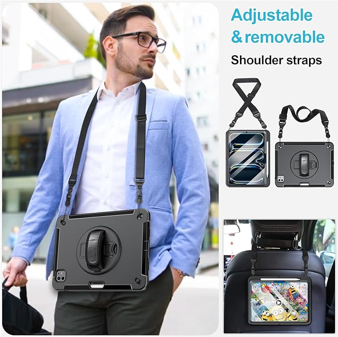 Case for iPad Pro 13 Inch M5 2025/ M4 2024: Military Grade Cover for iPad Pro 13" with Screen Protector - Stand - Handle - Shoulder Strap - Pencil Holder- Black