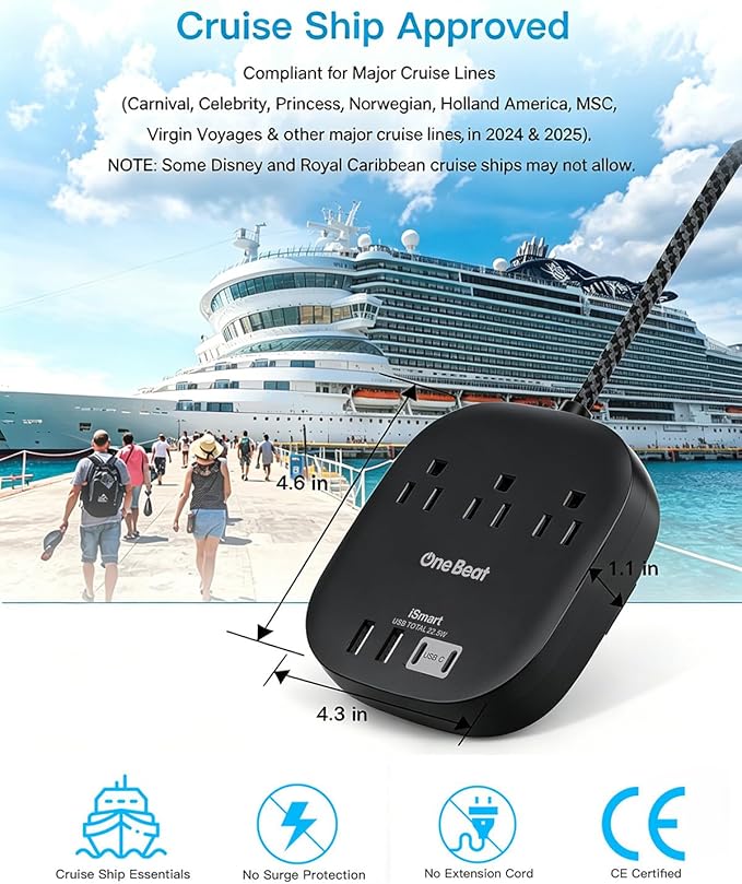 10 Ft Long Extension Cord, Cruise Ship Travel Essentials, 22.5W/4.5A Flat Plug Power Strip with 3 Outlets 4 USB Ports (2 USB C), 10ft Black Power Strip No Surge Protection, Desktop Charging Station