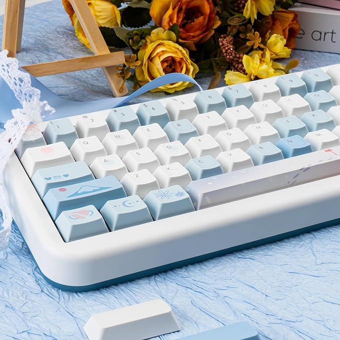PBT Keycaps-White Blue Key caps 60 65 75 Percent, Cute Keycaps Custom 118 Keys, Cherry Profile for 61/68/84/87 Cherry Gateron MX Mechanical Keyboard