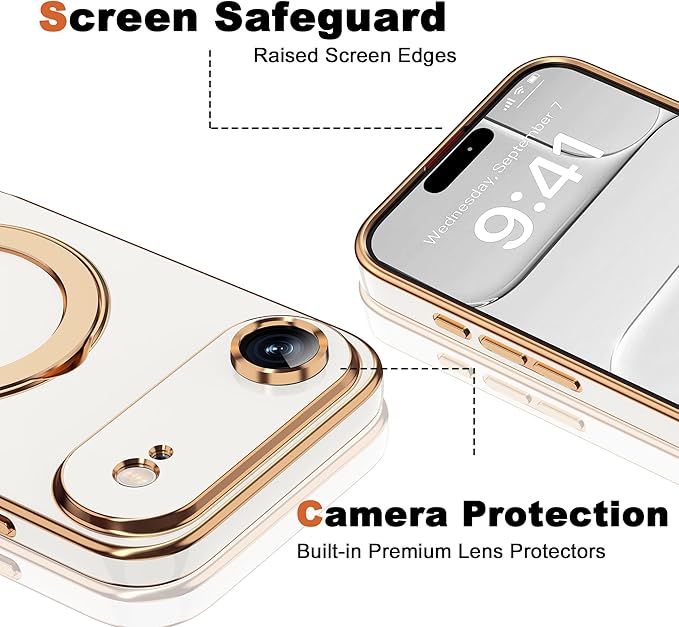 Compatible with iPhone 17 Air Case with Magnetic Ring Stand [Compatible with Mag-Safe] [Full Camera Lens Protector] Soft Plating Phone Case for iPhone 17 Air 6.5", White