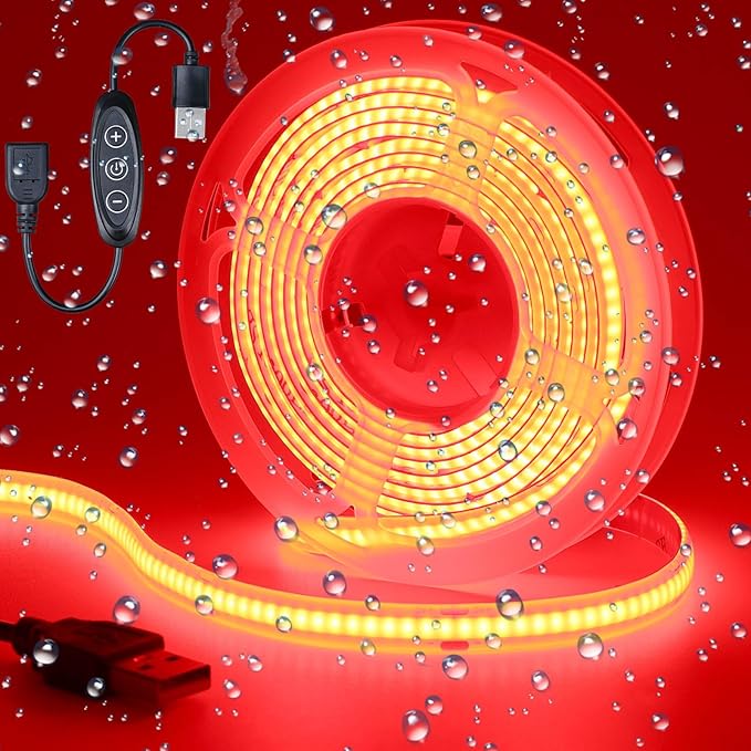 DC 5V USB COB Red LED Strip Light Dimmable IP65 Waterproof USB Powered 6.6ft/2M 640LEDs with Dimmer High Brightness Flexible LED Tape Lights