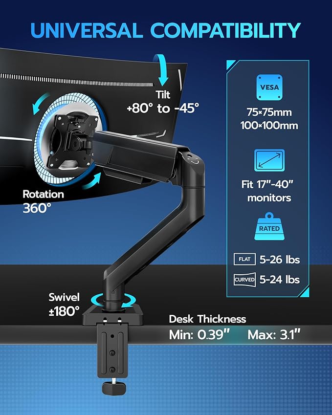 ARES WING Heavy Duty Single Monitor Arm - Fully Adjustable Monitor Mount for 17"-40" Ultrawide Screens up to 26.4 lbs with Clamp/Grommet Desk Mount and USB A/C, 75/100 Vesa Mount, Black