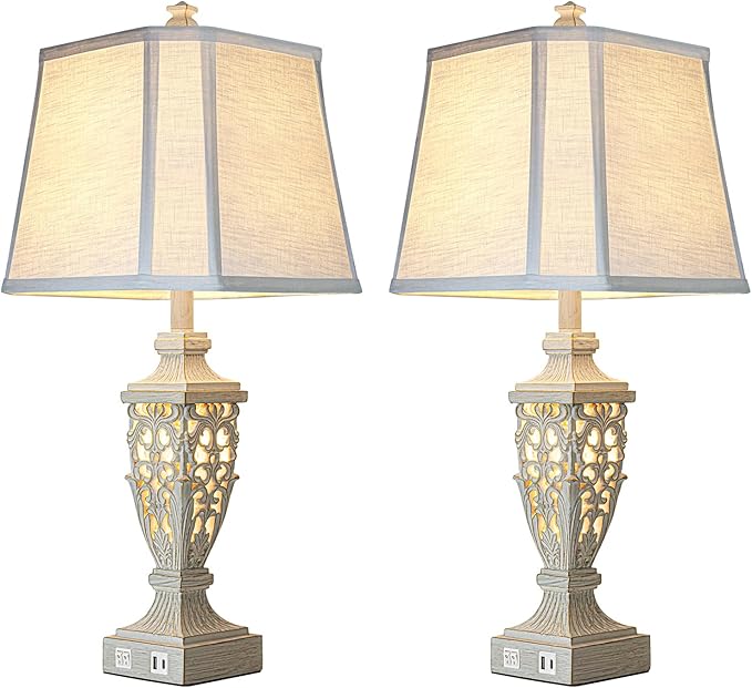 28.5" Lamps for Living Room - Table Lamps Set of 2 with Night Light,Bedside Lamp with White Linen Cut Corner Shade - for Bedroom Room and Nightstand with USB A+C Ports- for Office Hotel(Bulb Included)