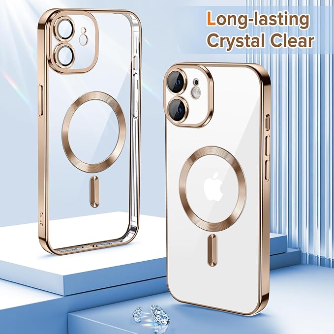 Hython Magnetic Clear for iPhone 11 Case with Camera Lens Protector [Compatible with MagSafe] Luxury Plating Edge Slim Soft TPU Cover Protective Phone Case for iPhone 11 6.1", Desert Brown