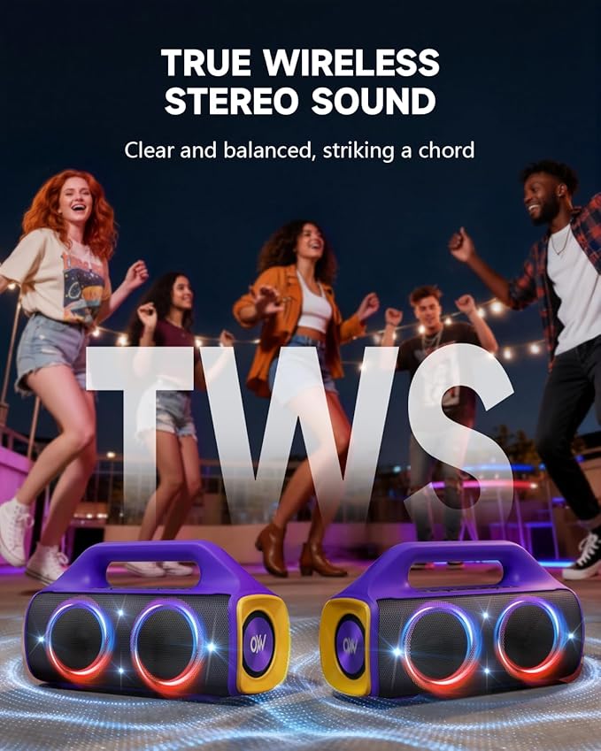 IPX67 Waterproof Bluetooth Speaker:80W(Peak) Loud Outdoor Portable Wireless Party Speakers with LED Lights,20H Playtime,Bluetooth 5.3,Deep Bass & TWS for Pool,Beach