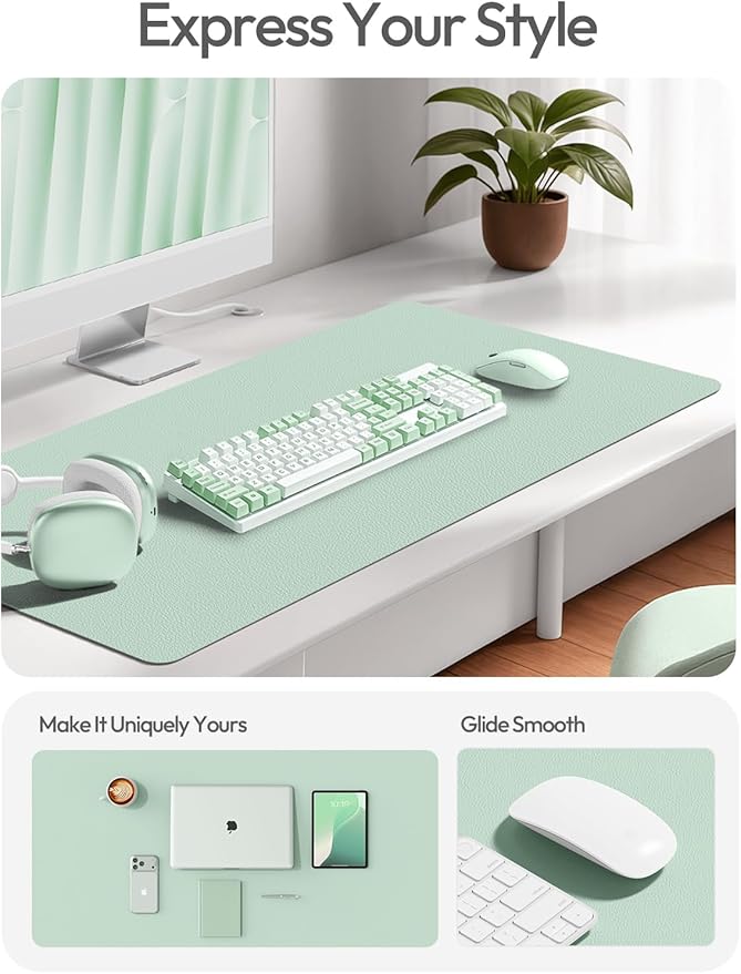 YSAGi Leather Desk Protector, Office Mat, Large Mouse Mat, Non-Slip PU Leather Blotter, Laptop Desk Pad, Waterproof Writing Pad for Office and Home (Pale Green, 35.4" x 17")