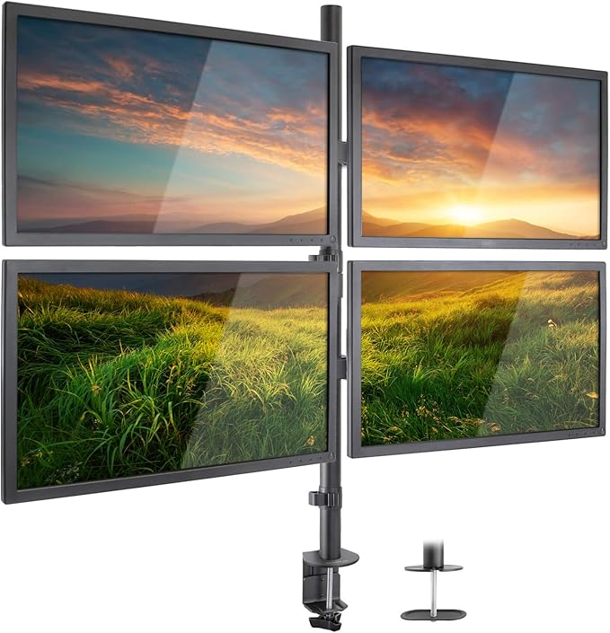 Mount-It! 4 Monitor Stand for Desk | Quad Monitor Desk Mount with Height Adjustable Pole | Fits Four 13–32 Inch Screens, VESA 75x75 & 100x100, Tilt Swivel Rotate, Clamp or Grommet Base