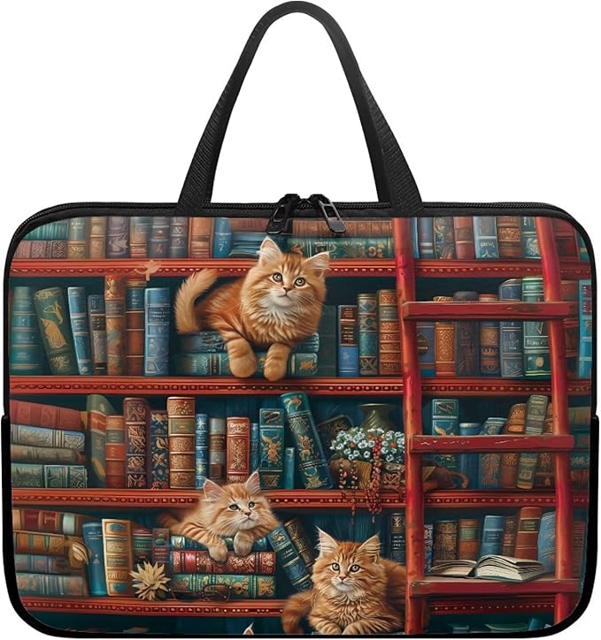 Vintage Bookshelf Laptop Sleeve Case Computer Cover Compatible with 10-17 Inch Tablet Cute Cat Protective Carrying Bag Briefcase Carrying Case, 12 Inch, Book Lover