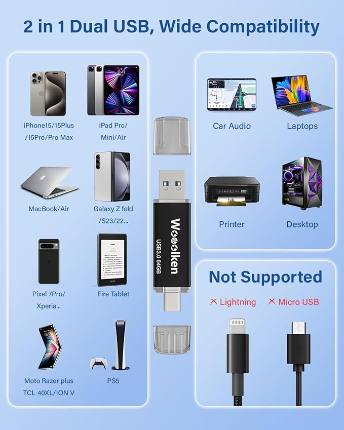 USB C Flash Drive 64GB 2 Pack, Wooolken USB 3.0 Dual Drive Type-C Thumb Drive OTG Memory Stick Compatible with iPhone 16/15, Android Smartphone/Tablets/Computers