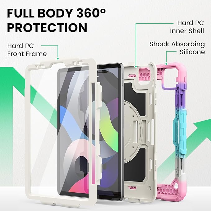 SEYMAC Case for iPad Air 5th/ 4th Generation 10.9", Full-Body Shockproof Protective Case with Screen Protector, Rotating Stand/Handle/Shoulder Strap/Pencil Holder for iPad Air 5/ Air 4, Colorful/Pink