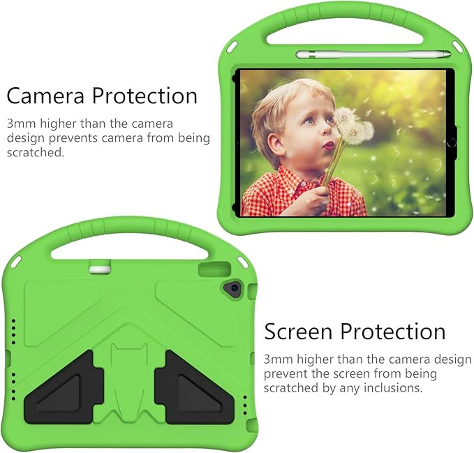 Kids Case for iPad 10.2/10.5, iPad 7th 8th 9th Gen/iPad Air 3rd Gen/Pro 10.5 Case, Techcircle Lightweight Shockproof EVA Foam Rugged Handle Stand Anti-Slip Grip Protective Case w/Pencil Holder, Green