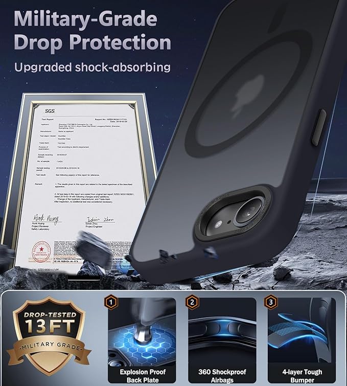 Newfuture Designed for iPhone 17e Case & iPhone 16e Case with Magnetic [13 FT Military Drop Protection] [Compatible with Magsafe] Slim Translucent Shockproof with Anti-Fingerprint Phone Case, Black