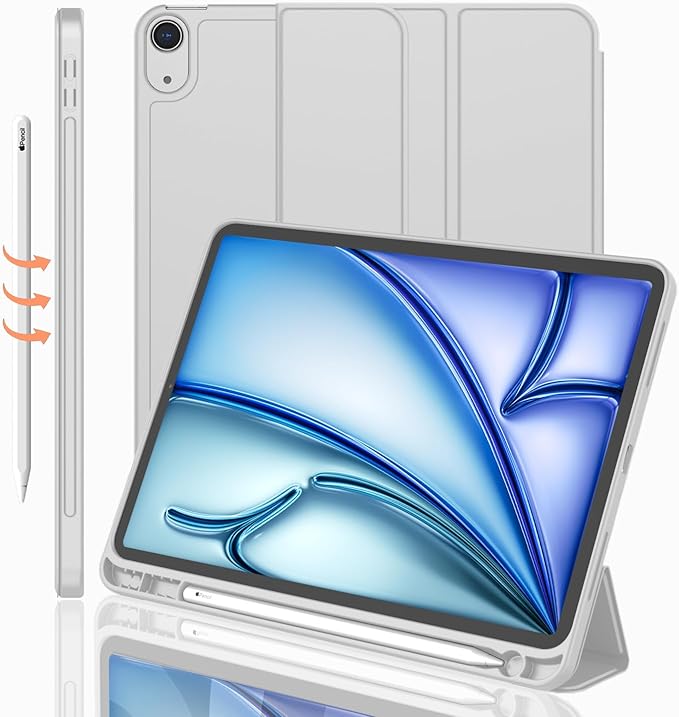 iMieet iPad Air 11 Inch Case M4/M3/M2(2026/2025/2024), iPad Air 5th/4th Generation Case 2022/2020 10.9 Inch with Pencil Holder,Trifold Stand Smart Case with Soft TPU Back(Light Gray)