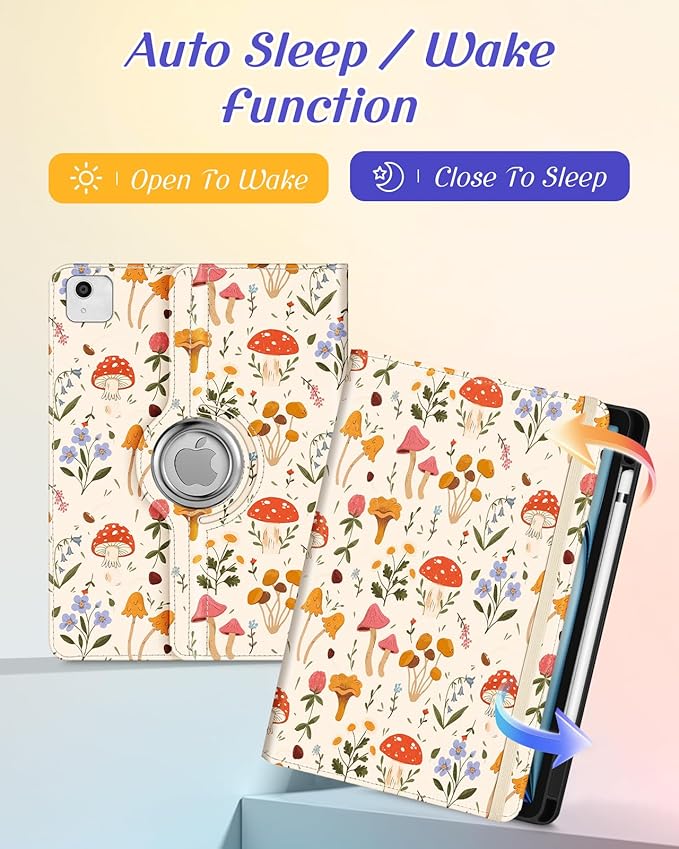 Kidcube for iPad Air 11 Inch Case M3/M2, Air 5th/4th Generation Cases 10.9'', Pro 11'' 2020 - Women Girl Aesthetic Cute Rotating Stand Folio Cover with Pencil Holder & Card Slot Mushroom Flowers