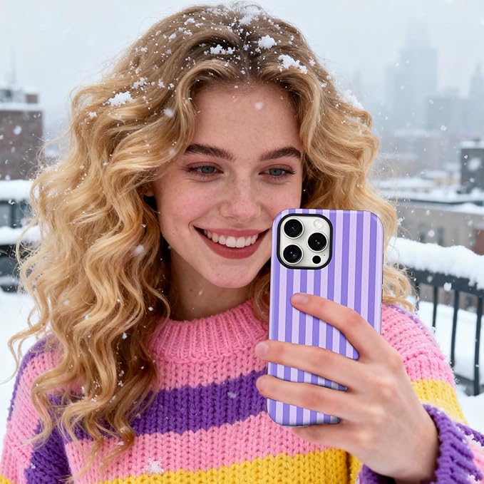 Magnetic for iPhone 13/14 Case Cute Stripes Phone Case, Shockproof Slim TPU and Hard PC Protective Phone Cover Compatible with MagSafe Designed for Women Girls, Light Purple