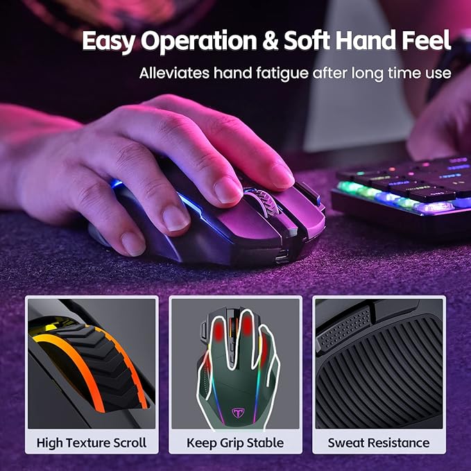 RisoPhy Wireless Gaming Mouse, 3 Modes - 2.4G/USB-C/Bluetooth 6 Level 10000DPI Chroma RGB Backlit Ergonomic 8 Programmable Buttons, 58H Capacity Rechargeable Computer Mouse for PC/Mac/Laptop