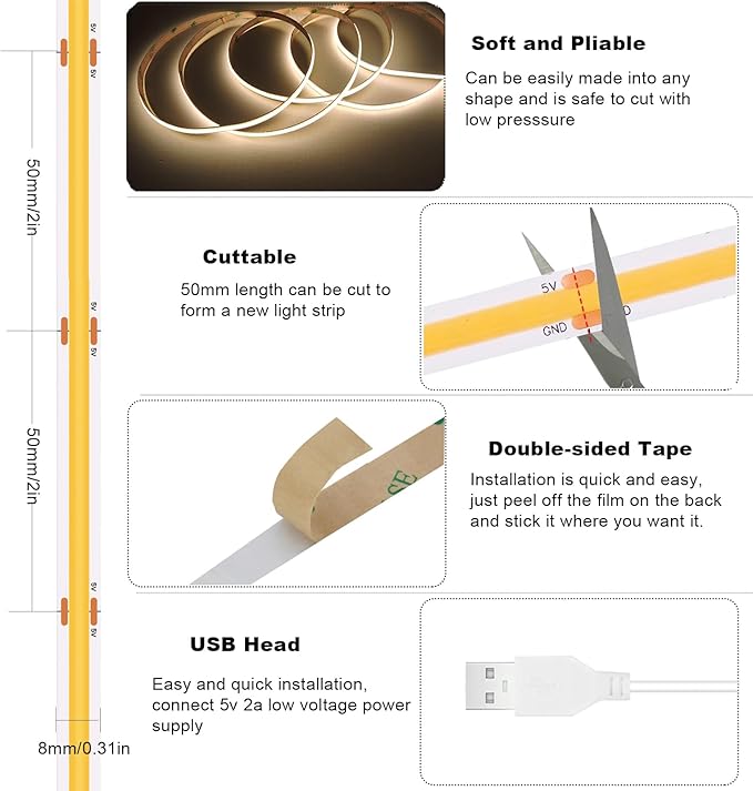 COB LED Strip Lights Natural White 4000K CRI 92+ Even Lighting Short 5V Dimmable Flexible Cuttable 6ft with Dimmer Switch for Desk Cabinet Home Office DIY Project Decoration
